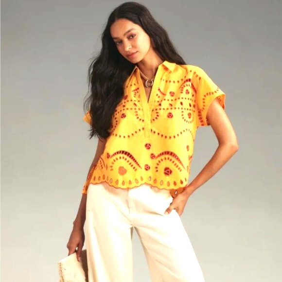 Anthropologie Tops - EUC Maeve Short-Sleeve Boxy Eyelet Popover Blouse Orange Motif Medium